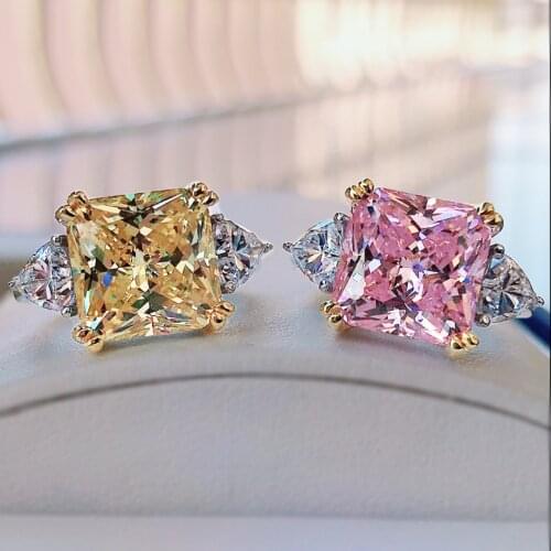New Luxury Finger 925 Silver Rings Square Simulated Moissanite Pink Quartz Citrine Wedding Women Jewelry