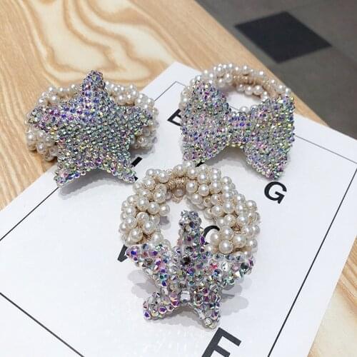 Pearl Flower Rhinestone Hair Accessories Hair Bows Elastic Hair Bands Rubber Band Headbands For Girls Shinny Crystal Hair Tie