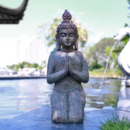 Resin Kneeling Buddha Garden Statue Outdoor Friendly Buddhism Figurine Fairy Garden Ornaments Home Decor Three Hands Distressed