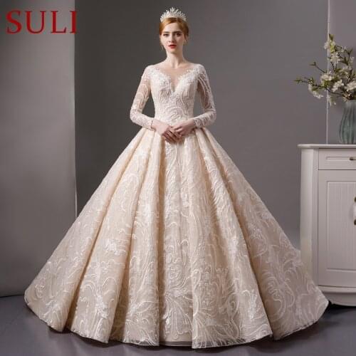 SL-7012 Full Lace beads luxury long sleeves ball gown wedding dress 2019 bridal dresses wedding gowns