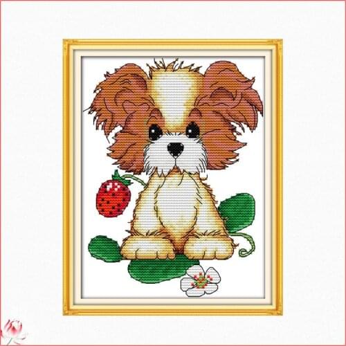 The puppy with strawberry C004 14CT 11CT Counted and Stamped Cute Animal Home Decor Needlework Embroidery Cross Stitch kits