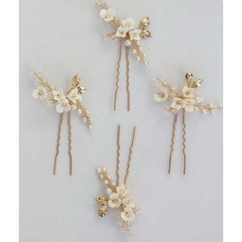 Romantic White Tiny Flowers Hairpin Gold Leaf Headpiece Pearl Bridal Hair Accessories