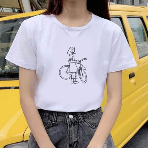 Womens T-shirt Cartoon Bycle Printed T Shirts Short Sleeve O Neck T-shirt Fashion Ladies Shirt Tops Womens Graphic Tee