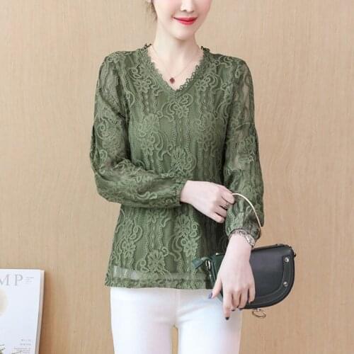 Womens Spring Autumn Style Lace Blouse Shirt Womens Loose Hollow Out Long Sleeve V-Neck Printed Korean Elegant Tops SP1053