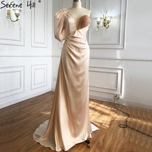 Serene Hill Satin Champagne Evening Dresses Gowns 2021 Puff Shoulder Diamond Mermaid Sexy For Women Party LA70894