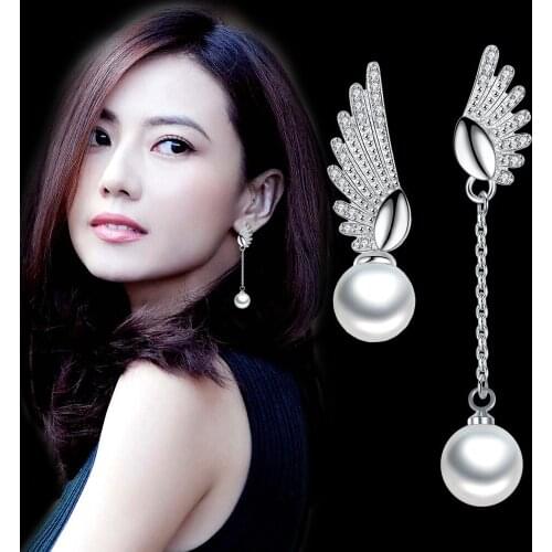 Angel Wings Korean Pearl Drop Earrings For Women Earing Dangle Earring Earings Jewelry Brincos Asymmetric Personality Love Gift