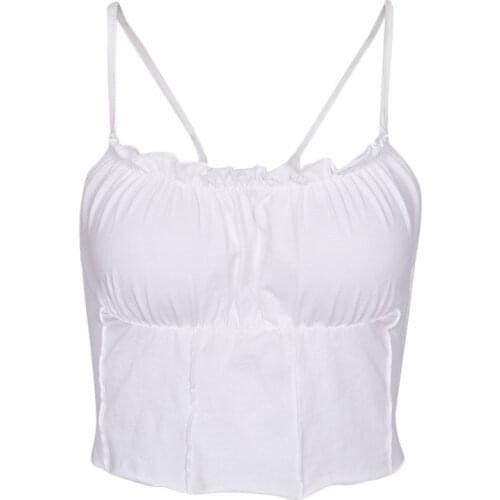 Women Sleeveless Crop Top Ruffled Solid Color Camisole Ruched Bust Slim Vest 50JB