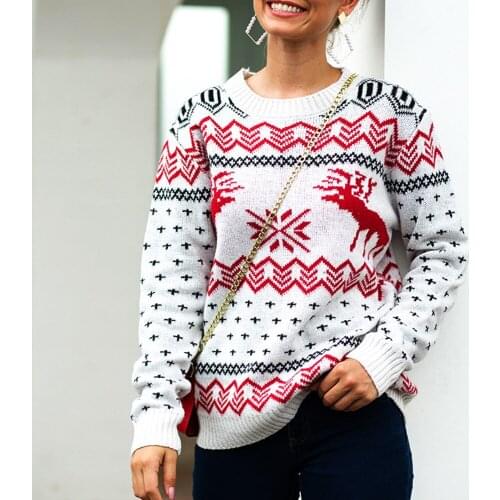 Fawn Print Knitted Sweater Women Casual Loose O Neck Pullover Long Sleeve Jumper Warm Female Autumn Winter Christmas Sweater