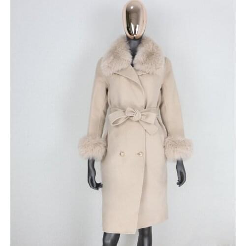 CXFS 2021 Cashmere Wool Blends Real Fur Coat Double Breasted Winter Jacket Women Natural Fox Fur Collar and Cuffs Streetwear