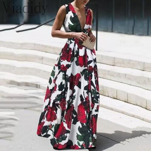 Women Deep V-Neck Floral Print Sleeveless Maxi Dress