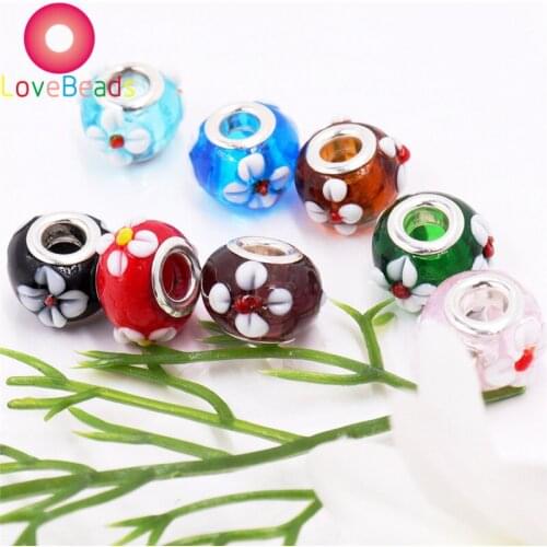 10Pcs Large Hole Round Flower Art Lampwork Glass Beads Fit Pandora Bracelet Chain Spacer Beads Charms Necklaces Women Jewelry