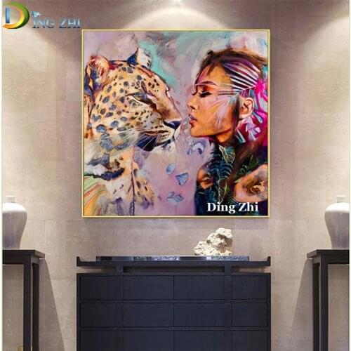 Abstract 5D Diy Diamond Painting Leopard And Flower Girl Diy Full Square Round Drill Cross Stitch Embroidery Mosaic Home Art