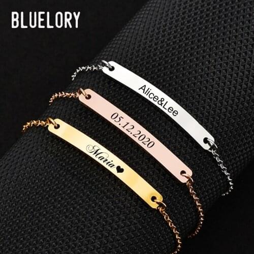 Bluelory Custom Stainless Steel Women Name Bar Bracelets Laser EngraveName Date Words For Lovers Family Friend Anniversary Gift