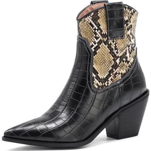 Brand Fashion Embossed Microfiber Leather Womens Ankle Boots Pointed Toe Western Cowboy Boots Women Wedges warm Bootsc
