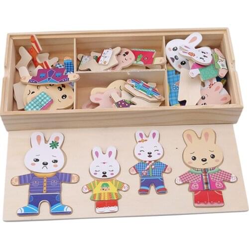 Wooden Toy Rabbit Change Clothes Puzzles Montessori Educational Dress Changing Jigsaw Puzzle Toys For Children Gift