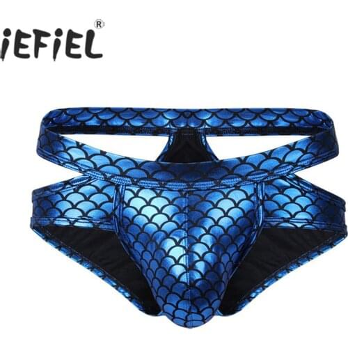 Men Shiny Hollow Out Fish Scale Print Briefs Elastic Low Waist Waistband Thong Bulge Pouch Cutout Underpants Underwear