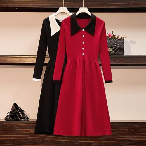 EHQAXIN New Autumn Winter Womens Knitted Dresses 2021 Elegant Button A-Shaped Pleated Long Sweater Dress Goddess Fan XL-4XL