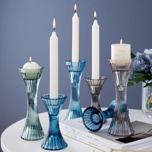 Elegant Blue Green Brown Glass Candle Holder Pair With Lines Texture On For Stick Pillar Ball Home Tabletop Decor Center Piece