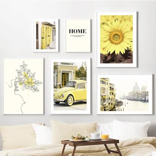 Italy Building Sunflower Car Line Girl Wall Art Canvas Painting Nordic Posters And Prints Wall Pictures For Living Room Decor