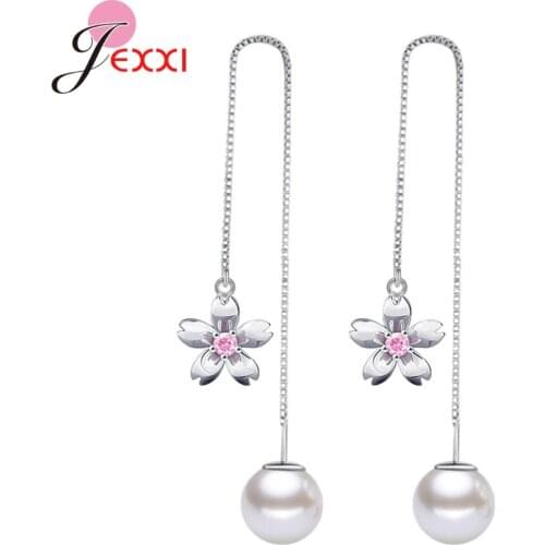 Exquisite Flower Inlay Pink Cubic Zirconia Rhinestone 925 Sterling Silver Pearl Drop Earring Women Romantic Wedding Gift Jewelry