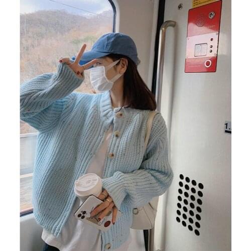 Sweater jacket women autumn and winter loose new girl foreign style round neck long-sleeved solid color blouse knitted cardigan