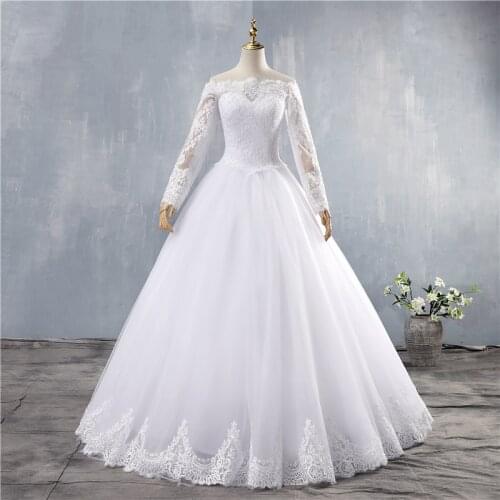 ZJ9151 Sexy High Quality Lace Ball Gewn Elegant White Ivory Long Sleeve Wedding Dress 2019 Bride Dresses Lace Bottom