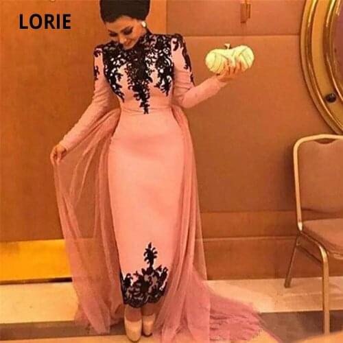 LORIE 2020 Vintage Blush Pink Muslim Evening Dresses with Long Sleeves Black Lace Appliques Prom Dresses Formal Gowns High Neck