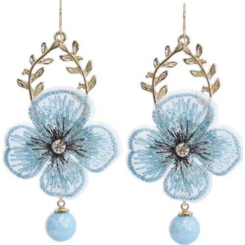 Fashion Vintage Lace Embroidery flower Pearl Flower Earring Alumni Tassel Lace Crystal Pearl Long Earrings Lady Earrings Wholesa