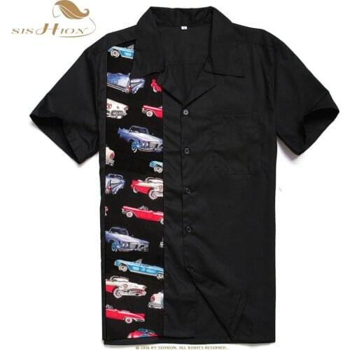 Men Black Shirt Short Sleeve Cars Print Patchwork Cotton Vintage Cowboy Rockabilly Shirt ST110 camisa hombre