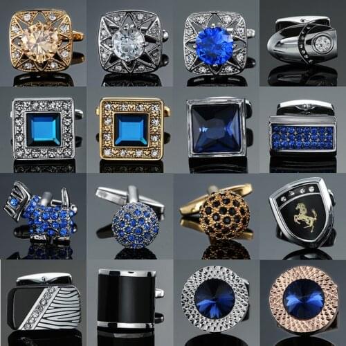XKZM New luxury shirts Cuff links jewelry brand high-grade silvery gold metal Blue Pink white crown crystal Cufflinks for mens