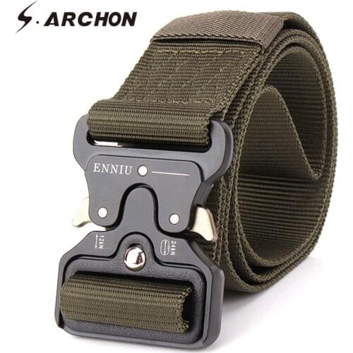 S.ARCHON Military Equipment Tactical Belt Men Nylon Knock Off Metal Buckle Army Belt Strap Heavy Duty Soldier Combat Waist Belts