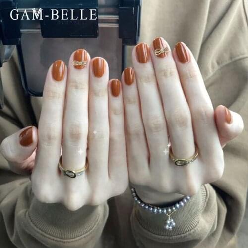 GAM-BELLE Pumpkin-Yellow False Nails With 3D Metal Decor Full Cover Fake Nail Tips Glue Press On Nails Manicure Nail Art Tools