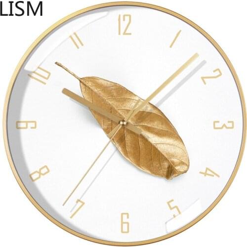 Nordic Light Luxury Golden Leaf Ultra-quiet Wall Clock Living Room Fashion Simple Wall Clock Bedroom Horloge Mural