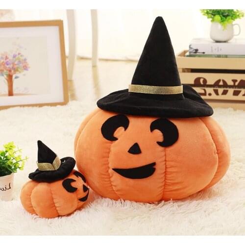 Plush Decorative Round Throw Pillow for Home Sofa Stuffed Toys Back Cushion Doll for Kids Yellow Pumpkin with Black Hat Hallowee