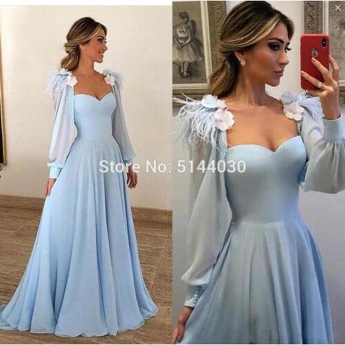 Light Blue Muslim Evening Dresses 2019 A-line Flowers Chiffon Plus Size Prom Dress Arabic Dubai Long Sleeves Evening Gown