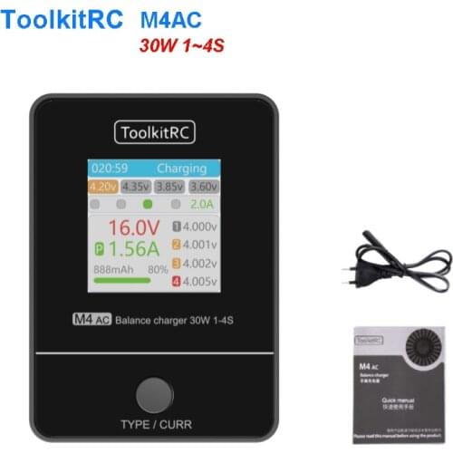 ToolkitRC M4AC 30W 1-4S LiPO LiFE LiHV Compact AC Charger XT60 Interface For RC Model FPV Racing Freestyle Drone