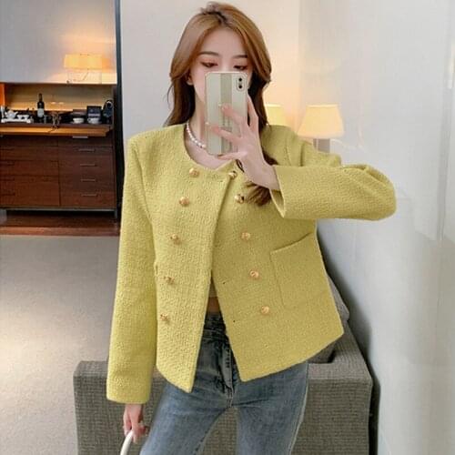 Fall 2021 Fashion Cropped Jacket Women Round Neck Double Breasted Yellow Gold Button Short Designer Tweed Jacket Coat Streetwear