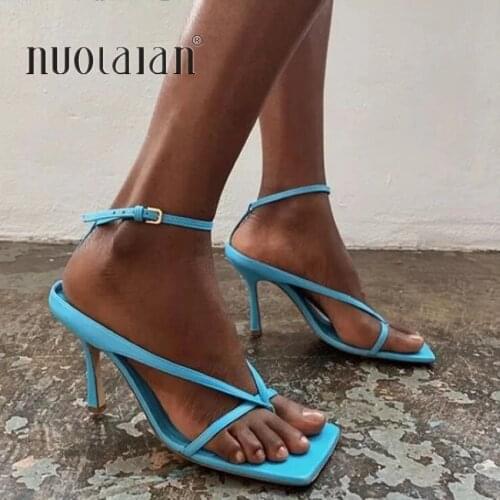 2020 Summer Women Sandals High Heels Shoes Fall Best Street Look Females Square Head Open Toe Clip-On Strappy Sandals Women