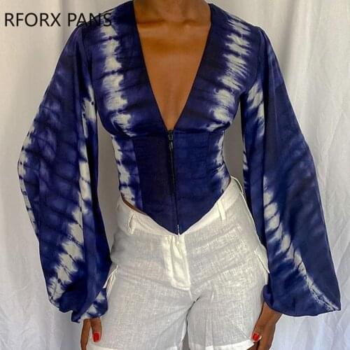 Women Tie Dye Zipper Long Puff Sleeve Sexy Bodycon Short Tops