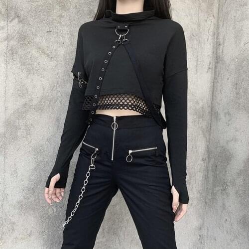 Womens Crop Hoodies for Autumn Thumb Hole Long Sleeve Bandage Mesh Patchwork Streetwear Black Gothic Fashion Clothes Top