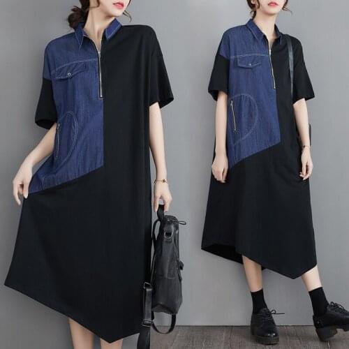 Summer Women Denim Patchwork Shirt Dress Pockets Korean Style Fashion Unique Irregular Zipper Office Lady Pullover Midi Skirts