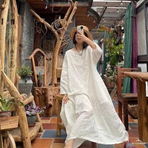 Women Spring Summer Linen Embroidred White Dress Ladies Robe Dress Female Vintage Flax Dresses