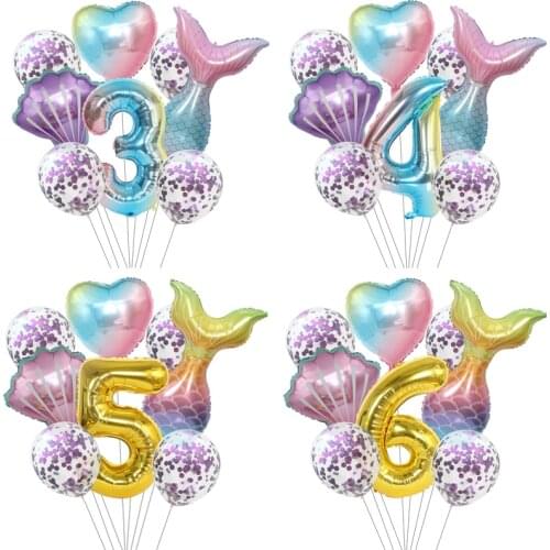 8pcs/lot Mermaid Party Balloons Disney Mermaid Birthday Decorations Number Heart Balloon Kids Party Baby Shower Decor Globos