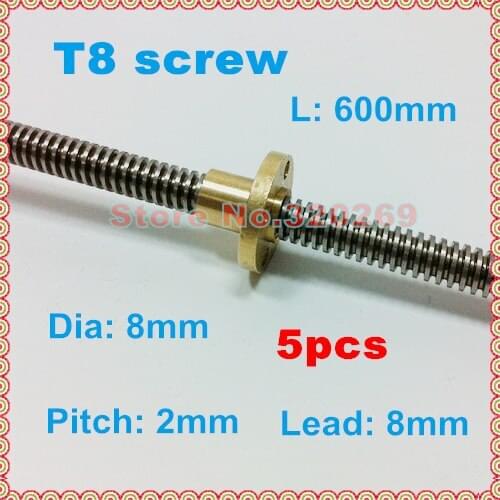 5pcs T8 Type Stainless Steel 8Mm Diameter Trapezoidal Lead Screw L 600Mm + Flange Copper Brass Nut for 3D Printer Z Axis
