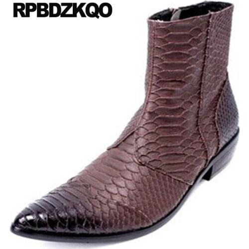 Ankle Mens Zipper Dress Boots Chunky Snakeskin Fall Full Grain Pointed Toe Shoes Brown Designer Autumn Booties Genuine Leather