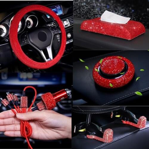 Red Rhinestone Car Steering Wheel Cover Red Car Interior Accessories Decoration Crystal Data Cables Tissue Box For Women
