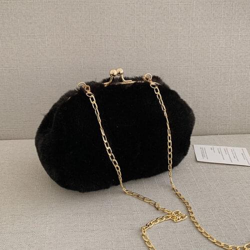 Black Women Lady Faux Fur Single Shoulder Bag Winter Chains Girls Trendy Furry Plush Casual Vogue Korean Japan Girl Bags Bols