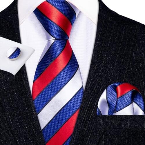Fashion Luxury Blue Striped100% Silk Tie Gifts For Men Suit Red Wedding Tie Barry.Wang NeckTies Hanky Sets Business LN-5297