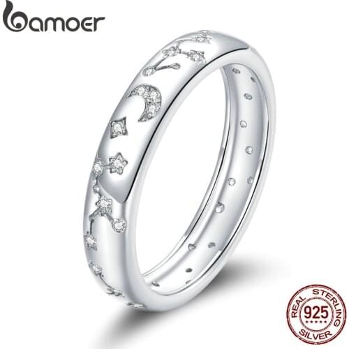 Bamoer S925 Sterling Silver Clear platinum CZ Shining Stars Finger Rings for Women Engagement Wedding Statement Jewelry BSR148