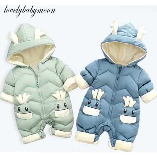 Baby Winter Snowsuit Plus Velvet Thick Baby Boys Jumpsuit 0-2 Years Newborn Romper Baby Girls Overalls Toddler Coat